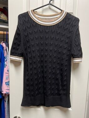 Tommy Hilfiger Black Cable Knit Short-Sleeve Sweater with Cream and Tan Trim